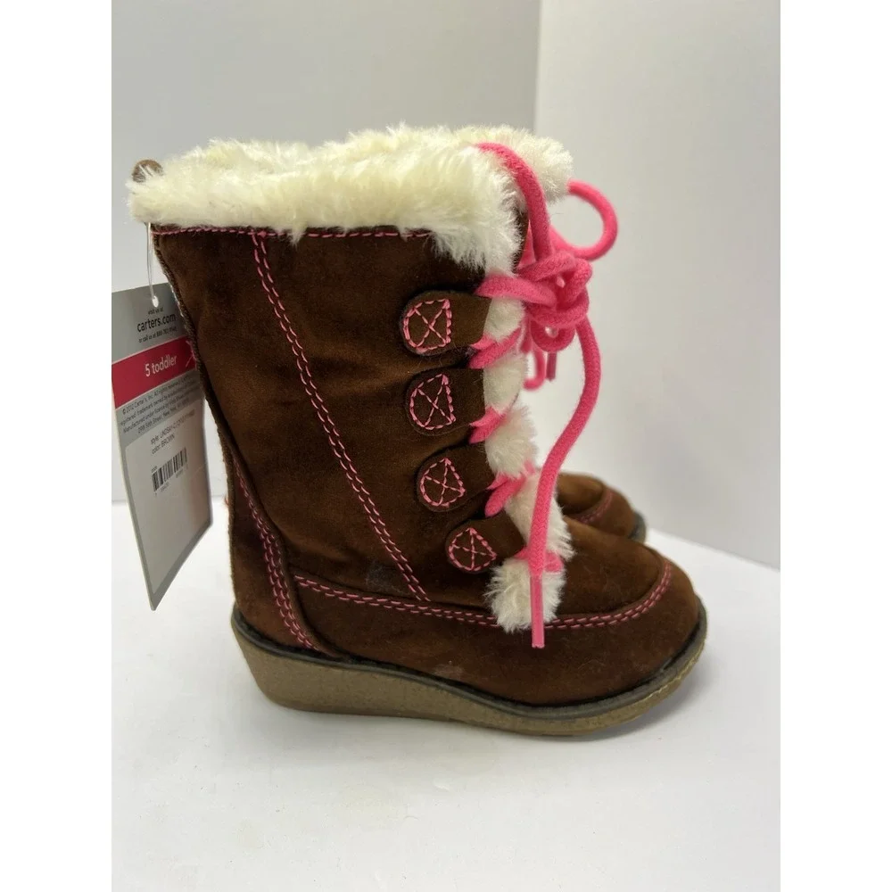 Carter's Lindsay-C Winter Boots Toddler 5 Brown Pink‎ Faux Fur Floral Embroidery